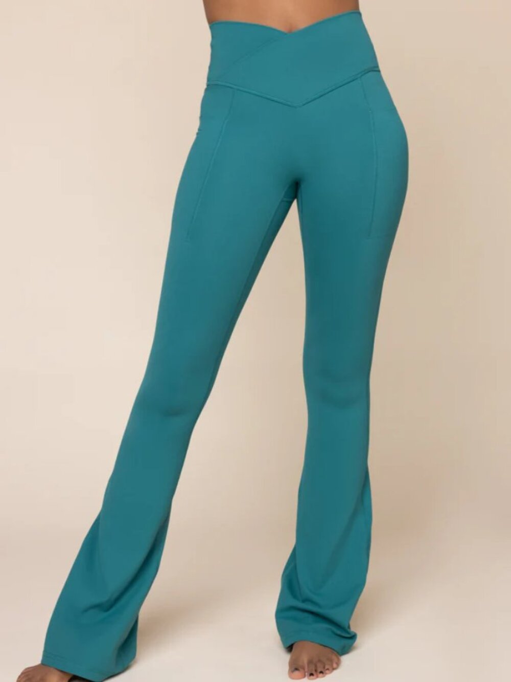 POPFLEX Crisscross Hourglass Flared Legging with Pockets Medium Emerald Teal